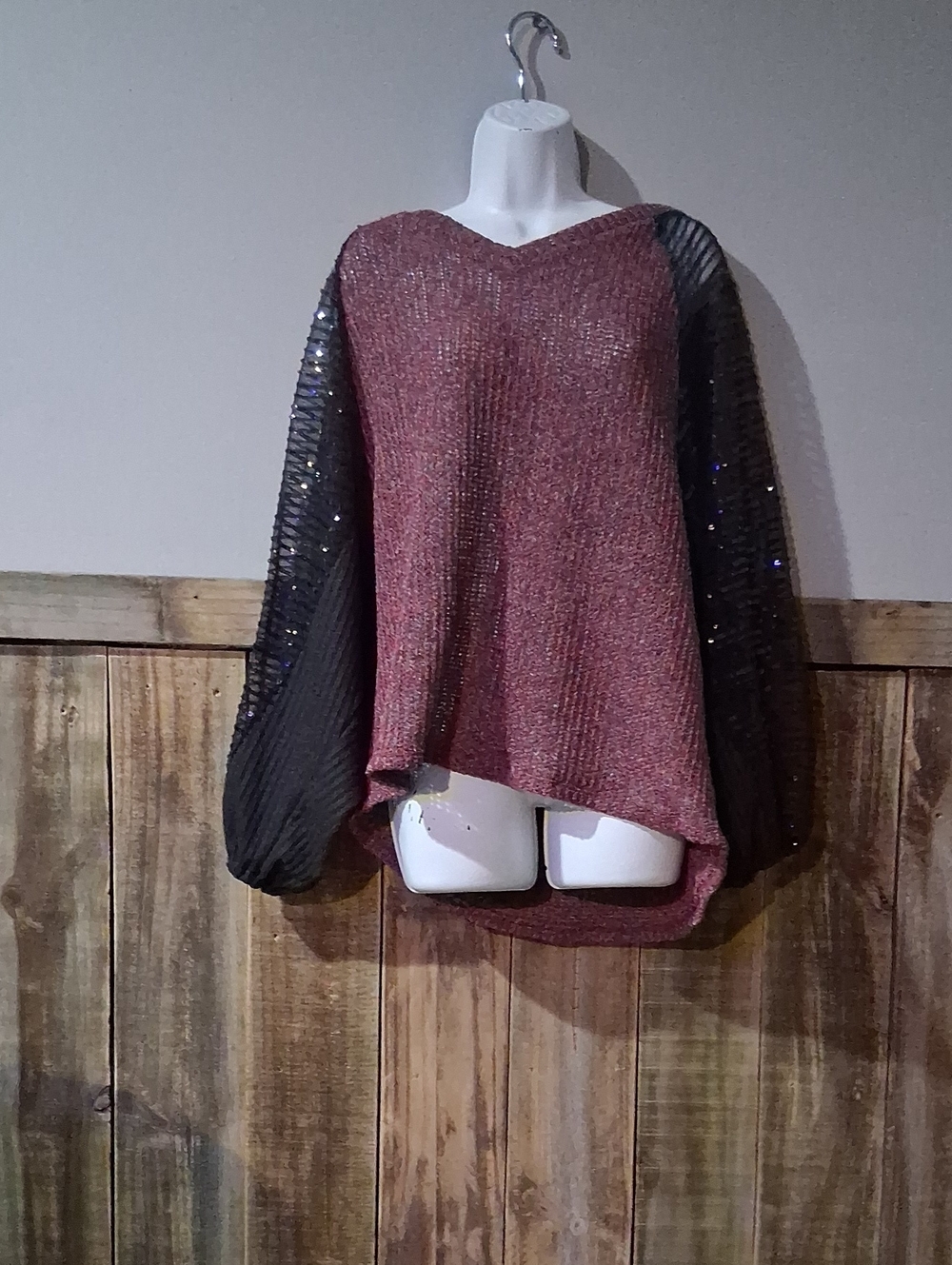 Rose Metallic V-Neck Sweater with Black Sequin Bishop Sleeves